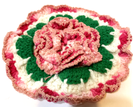 Vintage Handmade Crocheted 3D Floral Flower Hot Pad Trivet Round  8 in - £11.65 GBP