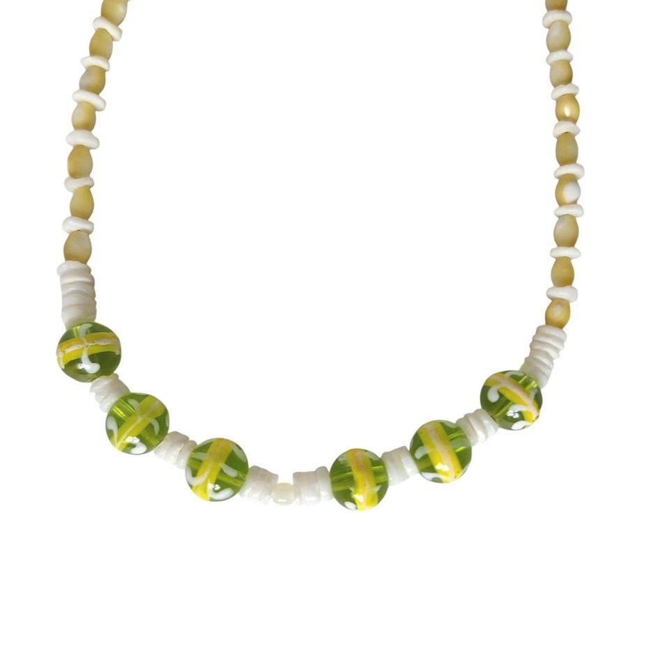 Handcrafted White &amp; Green Beaded Necklace With Lobster Clasp Beachcore J... - $24.80