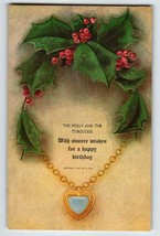 Birthday Postcard Birthstone Turquoise Holly Plant Flowers December 1907 R Hill - £10.10 GBP