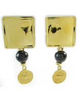 90s S.H. Signed Gold Tone Flat 1&quot; Square Coin Dangle Drop Earring Geometric - €4,30 EUR