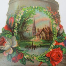 Victorian Trade Card Die Cut Bell Red Rose &amp; Cherries White Flowers Lake Church - £11.85 GBP