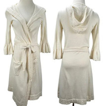 $128 PURE+GOOD Crochet Trim Long hooded Cardigan M/L ruffle cuff angora sweater - $29.69