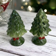 Wolin Christmas Trees Salt Pepper Set Japan Green w/ red holly Japan Rep... - $17.59