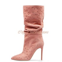 Women Suede Mid Calf Boots Pointy Toe Stiletto Boots Pink Leather Embellished Lo - £140.20 GBP