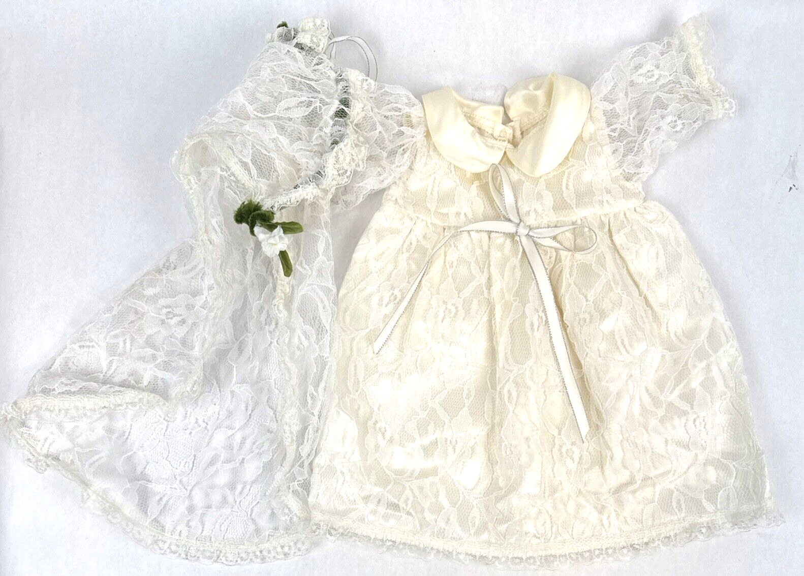 Vintage Doll Wedding Dress Bride Bridal Gown &amp; Veil White Lace Lot - £18.05 GBP