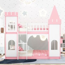 Twin Over Twin Castle Bunk Bed With Ladder - Pink - £416.86 GBP