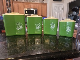 Vintage MCM Lustro Ware Lime Green 4 Canister Set Flour Sugar Coffee Tea... - $119.95