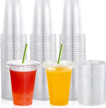 [200 Sets] 10 Oz Clear Plastic Cups with Flat Lids, Disposable Drinking ... - £29.24 GBP