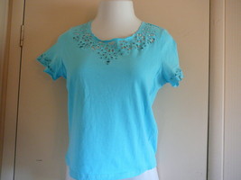 Women&#39;s Knit Top T Shirt Jane Ashley Size M Blue Short Sleeve Cotton - £7.34 GBP