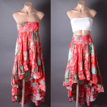 Red Multicolor Ruffle Smocked Stretch High Low Summer Asymmetrical Skirt... - $75.41 CAD