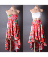 Red Multicolor Ruffle Smocked Stretch High Low Summer Asymmetrical Skirt... - $75.41 CAD