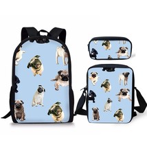 Black  Pug Dog Print Backpack Set For Teen Girls Cute Primary Student Kids Lunch - £142.06 GBP