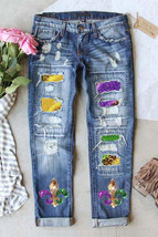 Sky Blue Shiny Mardi Gras Fleur-de-lis Patch Distressed Jeans - $685.00 MXN