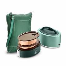 Vaya Tyffyn Green Copper-Finished Steel Lunch Box with Bagmat,600ml,2 Containers - £84.17 GBP