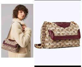 TORY BURCH Fleming Soft Tweed Small Convertible Burgundy Shoulder Bag - $353.81 CAD
