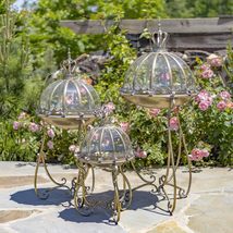 Set of 3 Glass Dome Terrariums with Iron Stands in Frosted Gold/Silver M... - $565.95