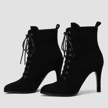New Women Ankle Boots Female Women Shoes Fashion Black High Heels Pointed Toe La - £77.58 GBP
