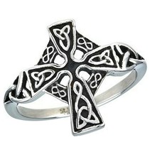 Celtic Cross Ring Silver Stainless Steel Nimbus Trinity Knot Crucifix Band - £13.79 GBP