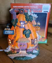 Vintage 1995 Hand Painted Lighted Porcelain Halloween House Pumpkin Holl... - $51.88