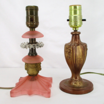 2 Antique Vintage Small Pink Glass Gold Roses Bedroom Lamps  MC Romantic Chic - £53.91 GBP