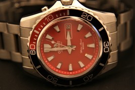 Stunning Orient men&#39;s vintage 1990&#39;s MAKO DIVER 21J red dial SS wristwatch - £293.34 GBP