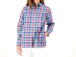 Joan Rivers Madras Shirt with Roll Tab Sleeve - Blue Madras, Small - $19.79