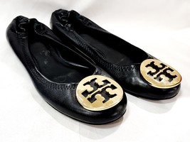 Tory Burch REVA Black Leather Flat Ballet Gold Logo Medallion Classic 5 ... - $68.00