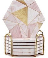 6 Pcs. Pink Marble Coasters With Holder Gold Drink Coasters That Absorb,... - €34,67 EUR