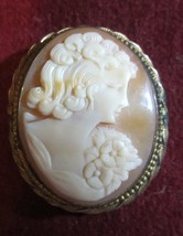 Vintage Carved Cameo Brooch - Ladies Head Flowers - $85.50