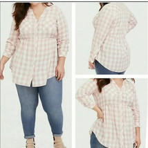 nwt $49 TORRID pink plaid Emma babydoll 2X long sleeve button tunic grunge top - $19.79