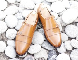 Handmade Men&#39;s Leather Tan Color Double Monk Strap Shoes, Men Dress Cap Toe Shoe - £139.87 GBP