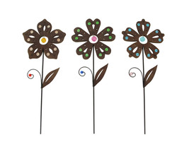 Set of 3 Rustic Brown Metal Flower Garden Stakes With Colorful Jewel Accents - £23.80 GBP