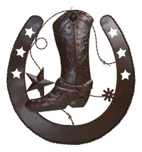 15&quot;D Rustic Western Lucky Horseshoe Cowboy Boot Spur Stars Metal Wall Decor Sign - £23.59 GBP