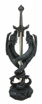 Dual Spiralling Serpent Dragon Holding Excalibur Sword Letter Opener Figurine - £24.51 GBP