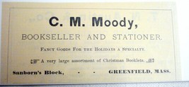 1889 Ad C. M. Moody, Bookseller and Stationer, Greenfield, Mass - £6.38 GBP