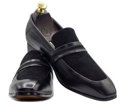 Men&#39;s Handmade Black Leather Suede Round Toe Loafers, Mens Fashion Party Loafers - £116.61 GBP