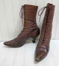 Antique Edwardian Brown Leather Boots High Top Lace-up Victorian High Heel Shoes - £56.44 GBP