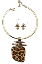 Statement Choker Oversized Animal Print Leopard Pendant Necklace Earrings Set - $27.55
