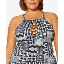 Bleu Rod Beattie Blue Ikat Plus 20W High Neck Lattice-Front Tankini Top Slimming - £44.57 GBP