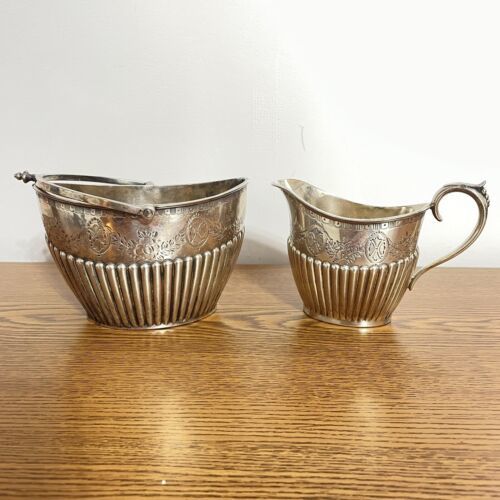 Primary image for Vintage Silver Plated Cream Jug & Sugar Bowl / Basket Ribbed Medallion Etched