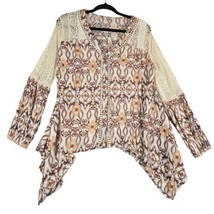 Gimmicks Womens Large Brown Tunic Blouse Peasant Boho Handkerchief Hem Crochet - £13.26 GBP