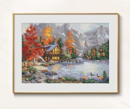 Сottage cross stitch autumn pattern pdf - Mountain house cross stitch em... - $13.99