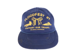 Vintage 90s Floodfest 1991 Fishing Tournament Michigan Roped Trucker Hat Blue - £15.61 GBP