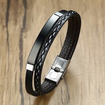 Vnox Unique Sew Lines Genuine Leather Bracelets for Men Women Stainless Steel Ba - £10.49 GBP