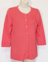 Christopher &amp; Banks Womens Beaded Cardigan Sweater S Small Coral Floral Applique - £10.96 GBP