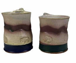 Pair of Studio Art Glaze Pottery Mugs(2) Tall Handmade Mug Set w Buffalo Signed - £21.13 GBP