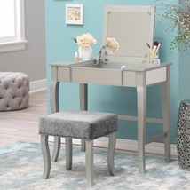 Silver Gray 2 pc Wooden Vanity Set Stool Mirror Desk Table Makeup Drawer Jewelry - £310.53 GBP