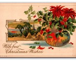 Holly Poinsettias Best Christmas Wishes Embossed UNP Unused DB Postcard R10 - $3.51