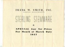 Frank W Smith Sterling Stemware Brochure &amp; Prices Gardner Massachusetts ... - $27.72