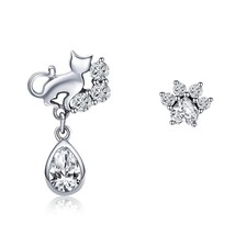 BISAER Hot Sale 925 Silver Cat Footprints Animal Clear CZ Stud Earrings For Wome - £17.41 GBP